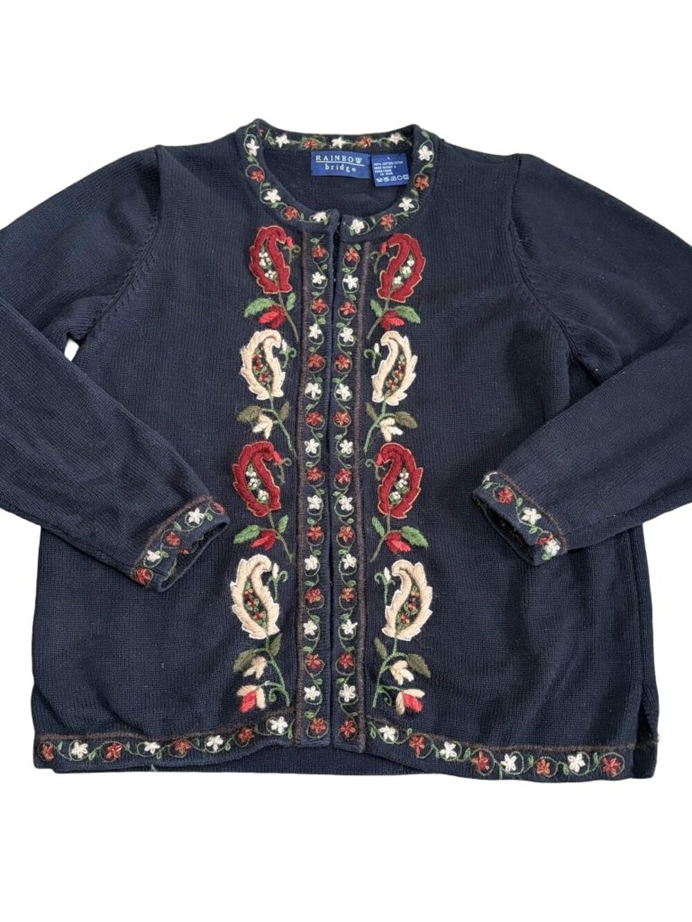Vintage Rainbow Bridge Navy Blue Embroidered Floral Cardigan Sweater Size L